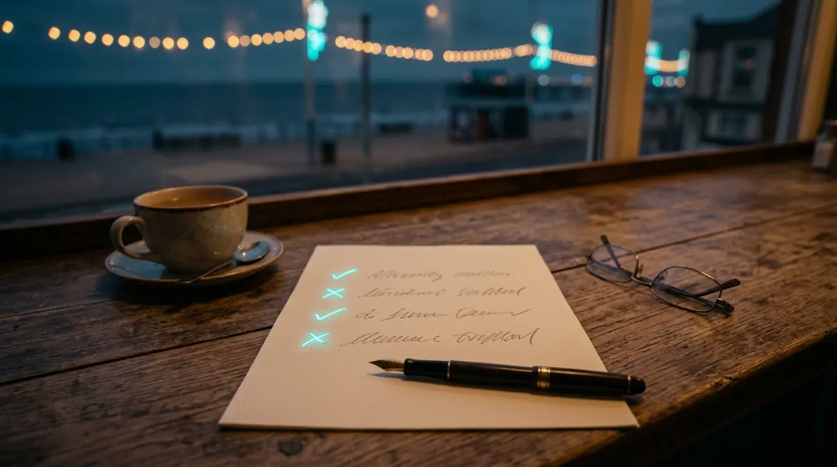 A sheet of handwritten notes on a cafe table by a window overlooking Blackpool seafront at dusk, with glowing cyan ticks and crosses beside each line