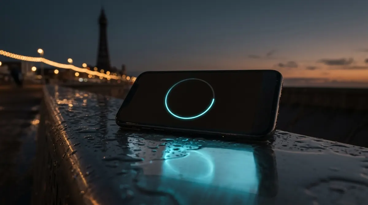 A smartphone on a wet Blackpool promenade ledge at dusk, its screen showing a single glowing cyan ring three-quarters complete, with the Tower and promenade lights behind