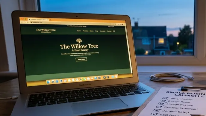 A clipboard checklist beside a laptop showing a small business website