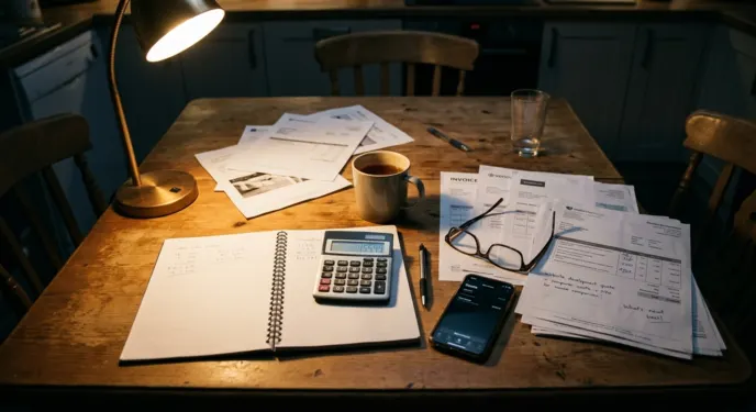 A kitchen table with a calculator, coffee and website quotes spread out