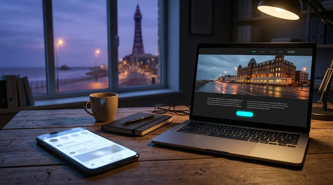 A phone showing a business Facebook page beside a laptop showing the same business’s website