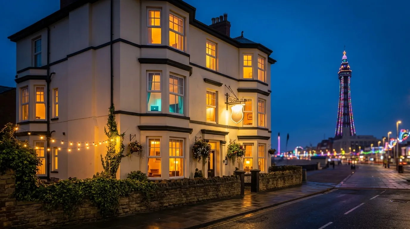 A seafront Blackpool hotel lit up at night