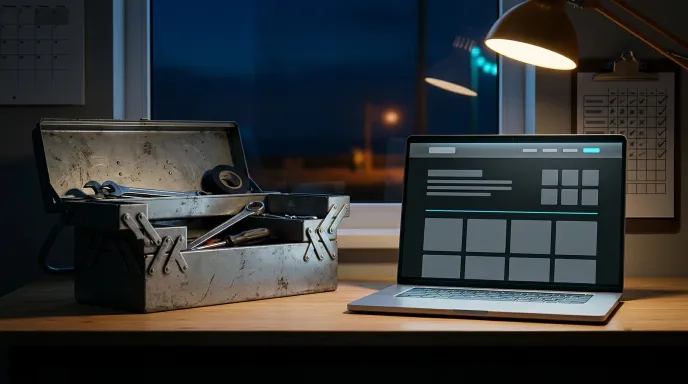 A toolbox open beside a glowing laptop, a website visible on screen