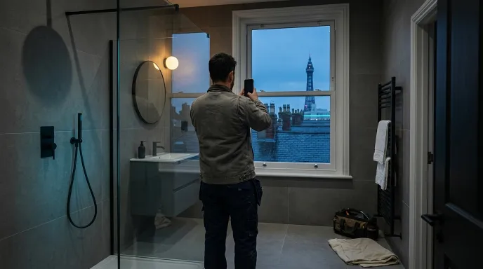 A tradesman photographing a freshly finished bathroom on his phone, Blackpool Tower visible through the sash window