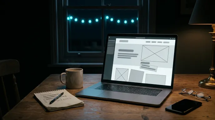 A laptop showing a half-built DIY website beside a mug of cold tea, late at night