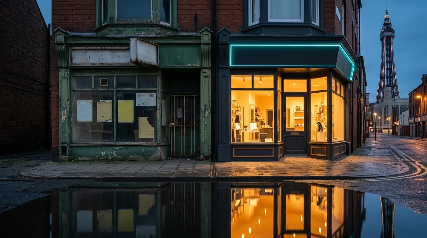 Two neighbouring Blackpool shopfronts at dusk - one tired and peeling with a dead sign, the other freshly redesigned and glowing