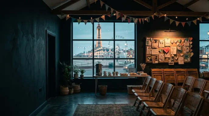 A community hall with bunting, the Tower through the window