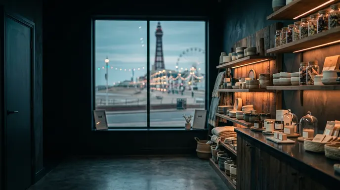 A small shop interior with Blackpool Tower through the window