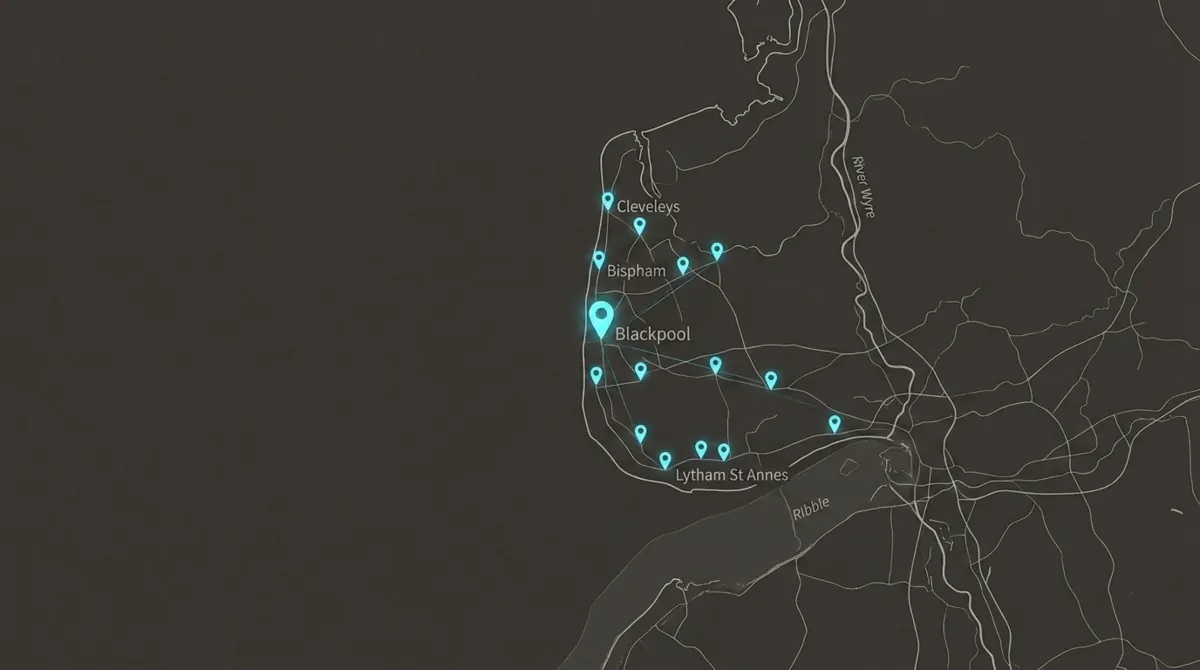 A dark map of the Fylde Coast with glowing cyan pins over Blackpool, Cleveleys, Bispham, Lytham St Annes and the towns inland