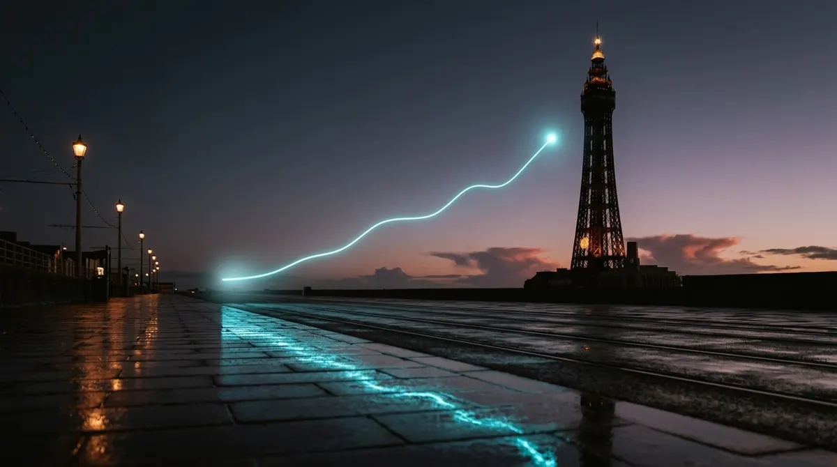 A glowing cyan line graph rising above Blackpool promenade at dusk, with the Tower silhouetted behind it and the line reflected in the wet paving