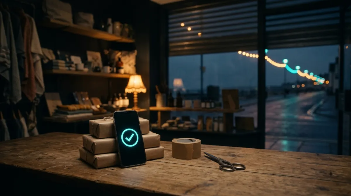 A small shop counter at closing time with three wrapped parcels, a phone showing a glowing cyan tick, tape and scissors, and seaside lights through the window