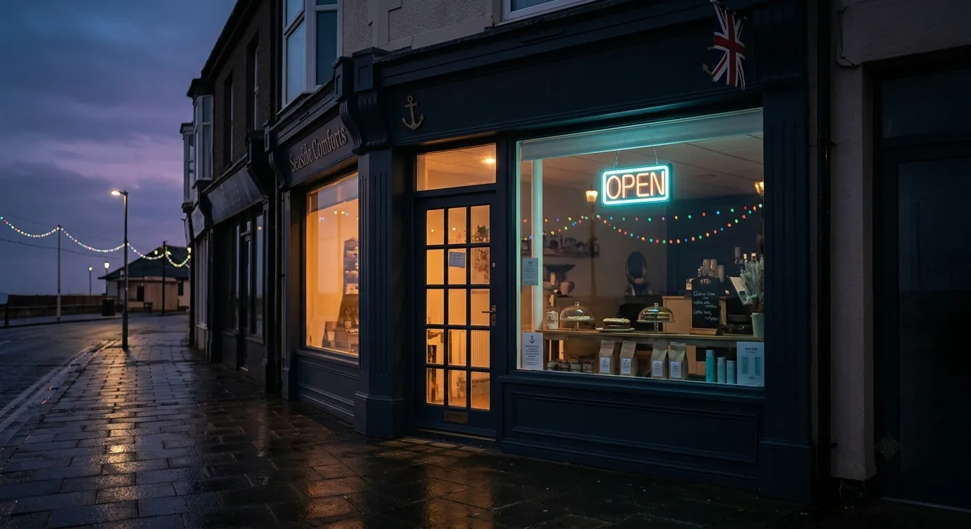 A small seaside shopfront at dusk, warmly lit with an OPEN sign glowing