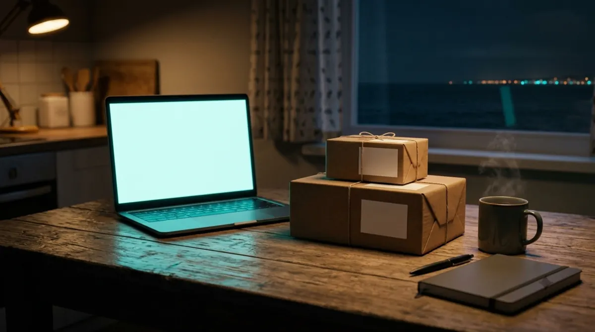 A kitchen table at night with an open laptop glowing cyan, three parcels with blank labels tied with string, a mug of tea and a notebook, the sea through the window