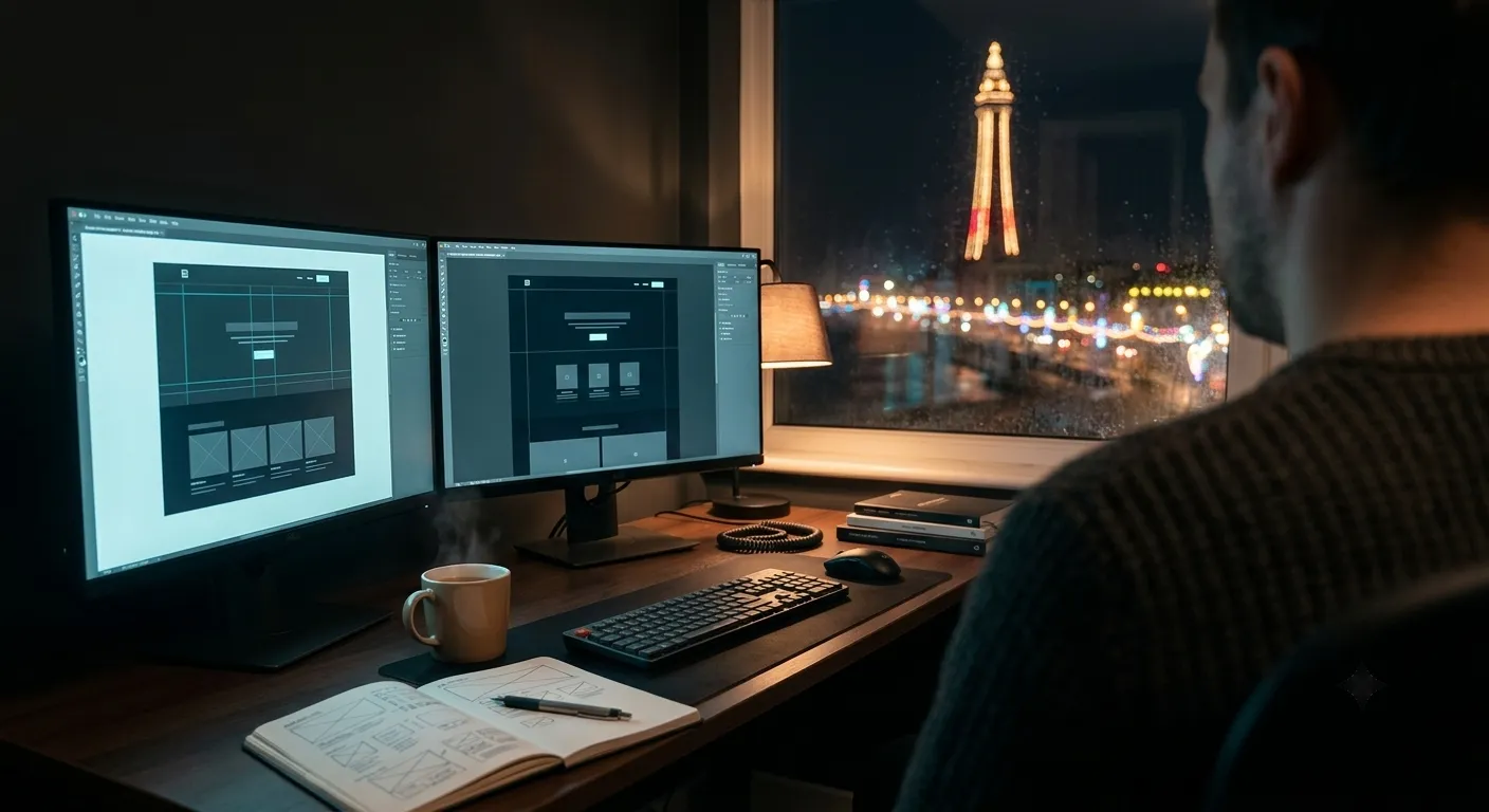 A designer's desk at night, two screens showing a website design, with Blackpool Tower lit up through the window