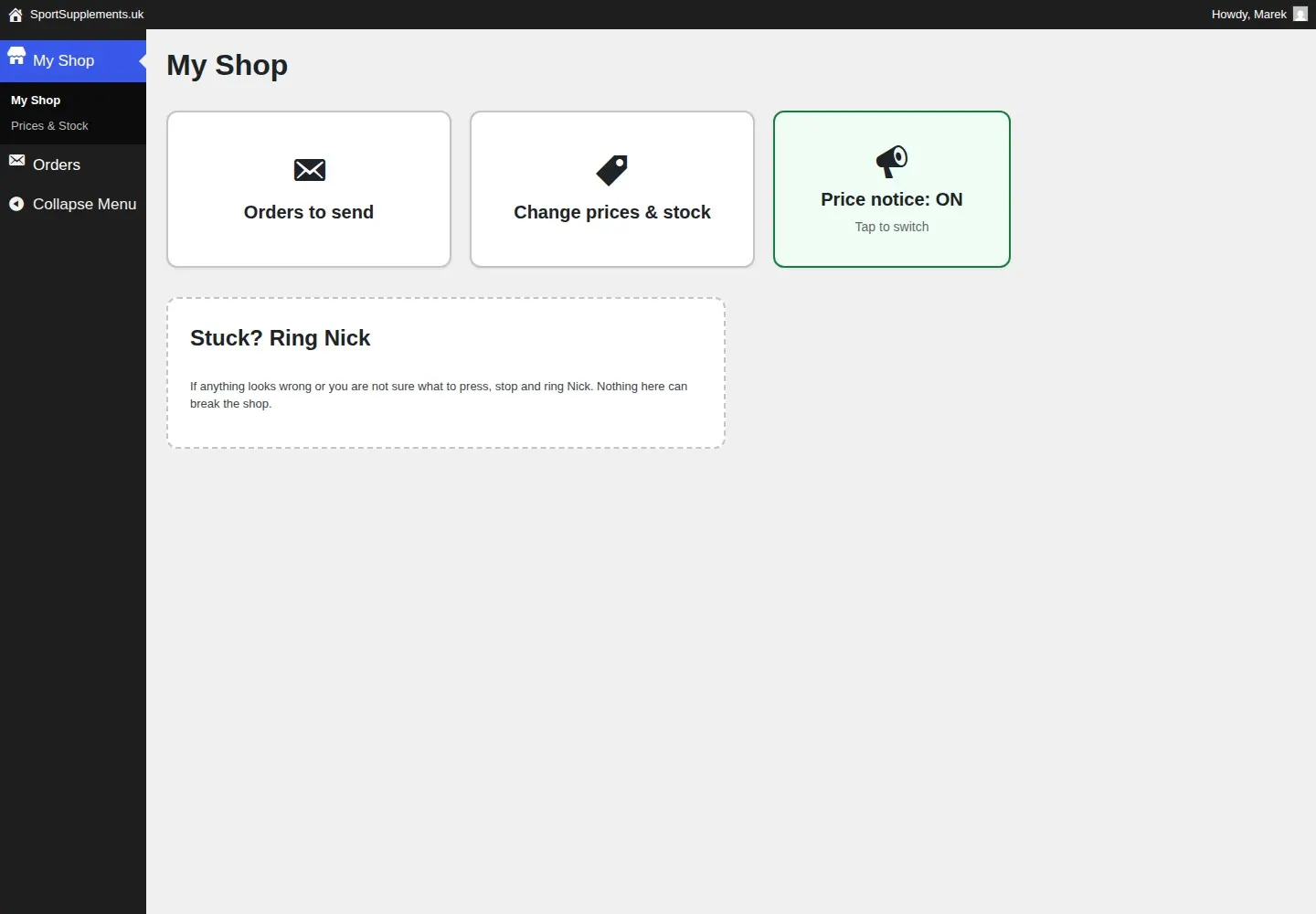 Marek's "My Shop" dashboard - screenshot